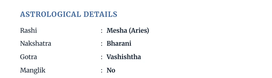 An Astrological Details block on a finished biodata, with four rows: Rashi, Nakshatra, Gotra and Manglik.