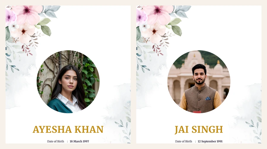 Two finished biodata covers side by side — one for a woman, one for a man — with the same watercolour border, the same circular portrait and the same two rows beneath the name.
