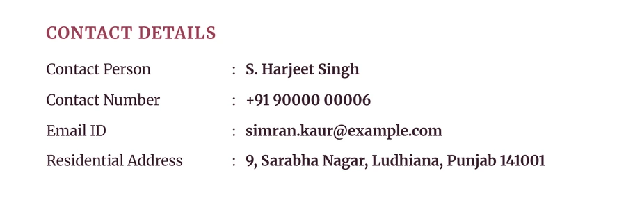 A Contact Details block on a finished biodata: contact person, contact number, email and residential address.