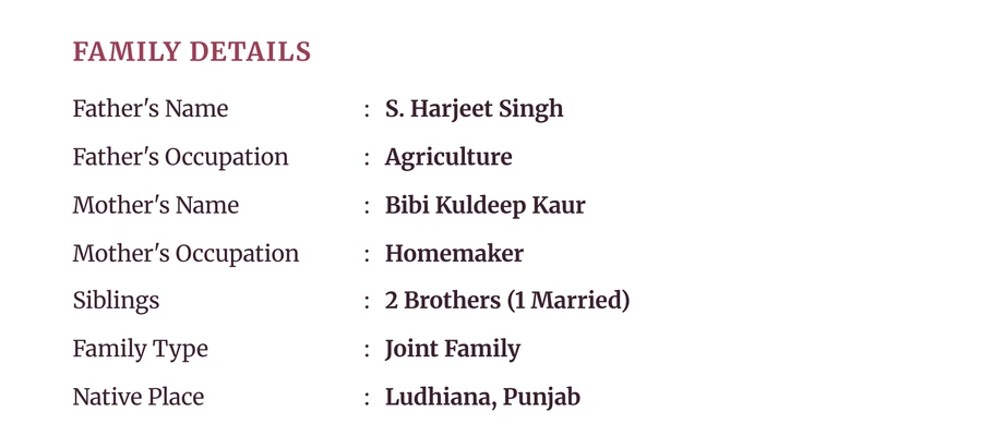 A Family Details block on a finished biodata: seven rows, each a short label on the left and a short answer on the right.