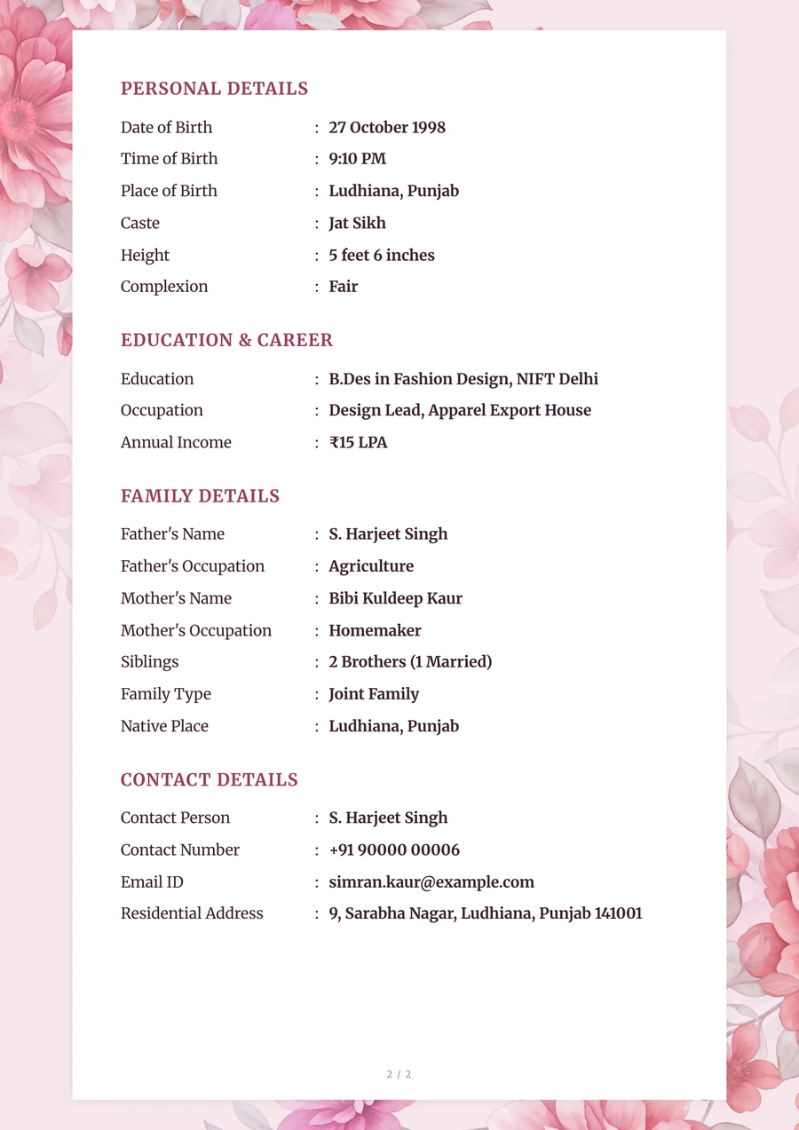 A full A4 biodata page holding four sections — personal, education, family and contact details — with room left at the bottom of the sheet.