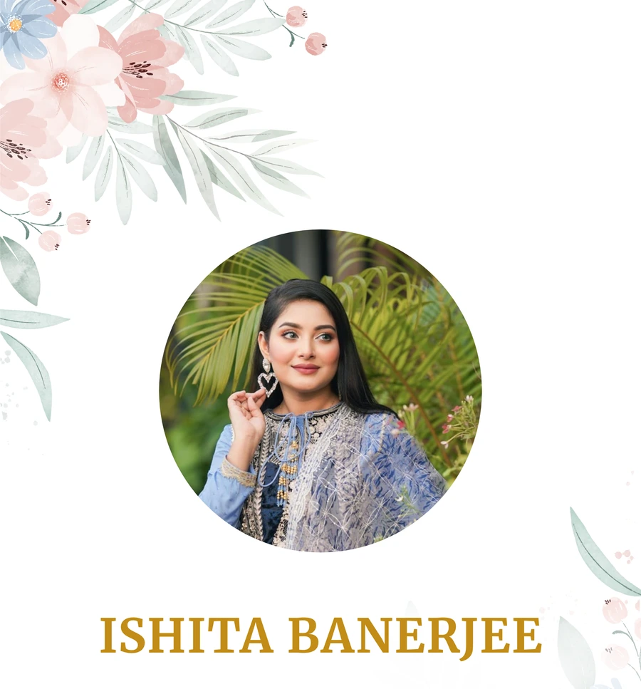 The cover of a finished biodata: watercolour flowers in the corner, a circular portrait of a young woman in an embroidered blue outfit standing in front of palm leaves, and her name in gold capitals underneath.