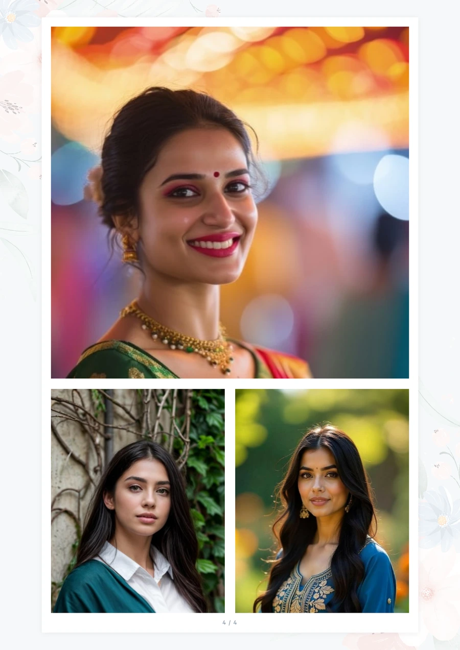A photo page from a biodata: one large portrait across the top and two smaller ones side by side beneath it, inside the same watercolour border as the rest of the document.