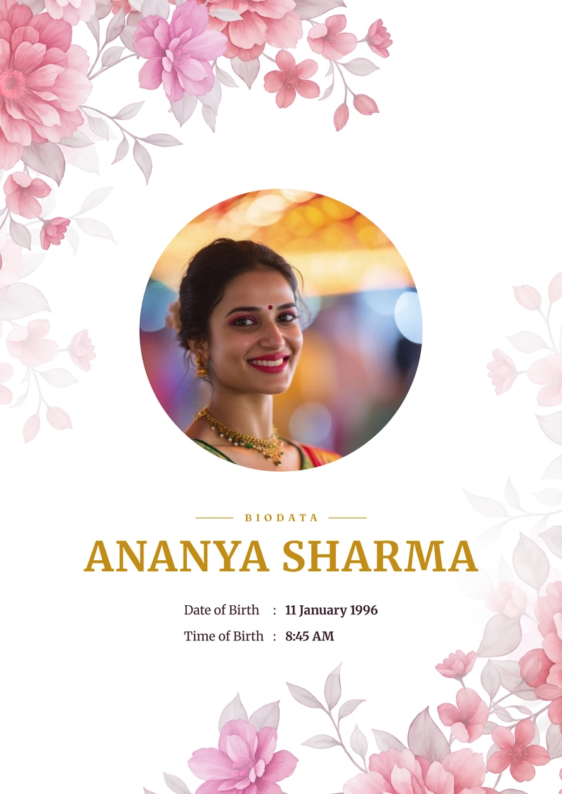 Marriage biodata example in English — the Blush Peony template, cover page with photograph and name