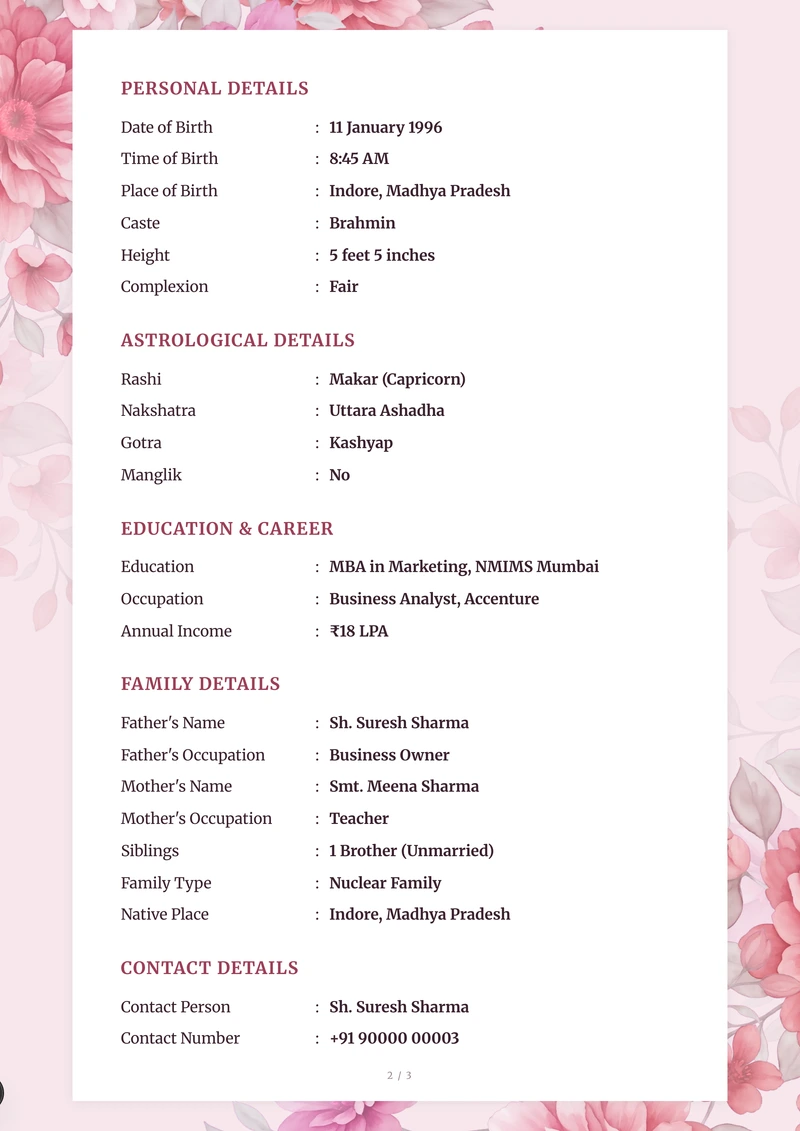 Marriage biodata example in English — the Blush Peony template, detail page with personal, family and contact rows