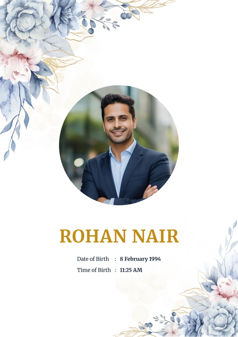Marriage biodata example in English — the Indigo Rose template, cover page with photograph and name