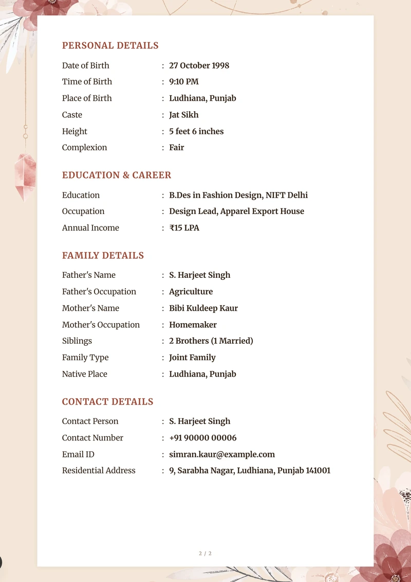 Marriage biodata example in English — the Terracotta template, detail page with personal, family and contact rows