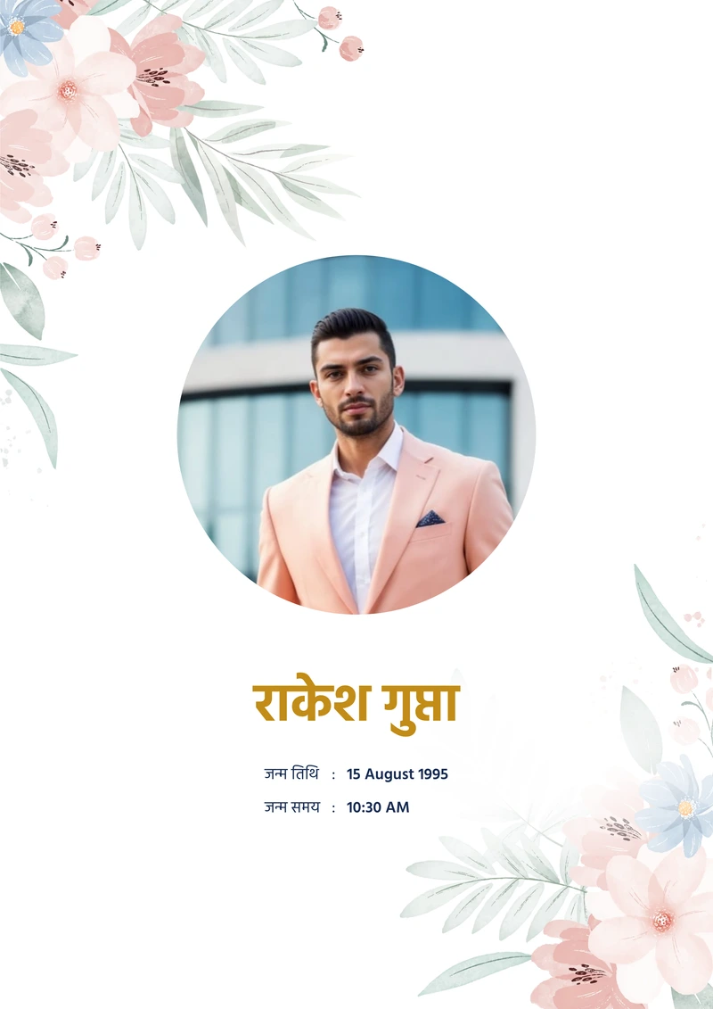 Marriage biodata example in Hindi — the Powder Rose template, cover page with photograph and name
