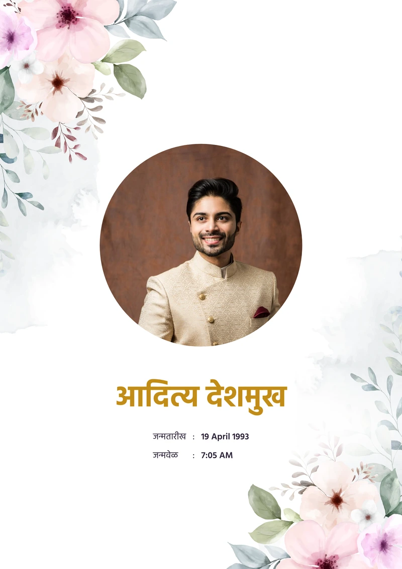 Marriage biodata example in Marathi — the Mauve Garden template, cover page with photograph and name