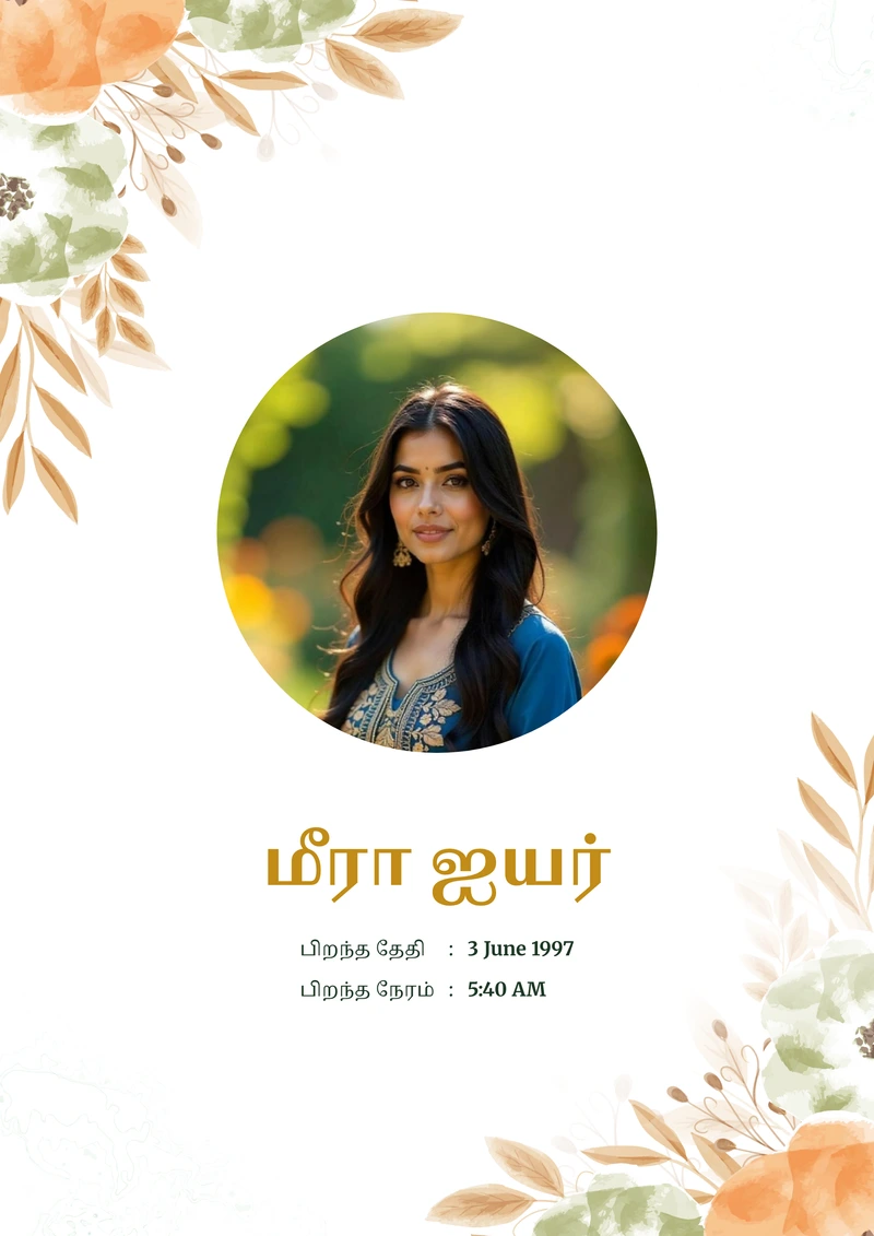 Marriage biodata example in Tamil — the Sage Bloom template, cover page with photograph and name