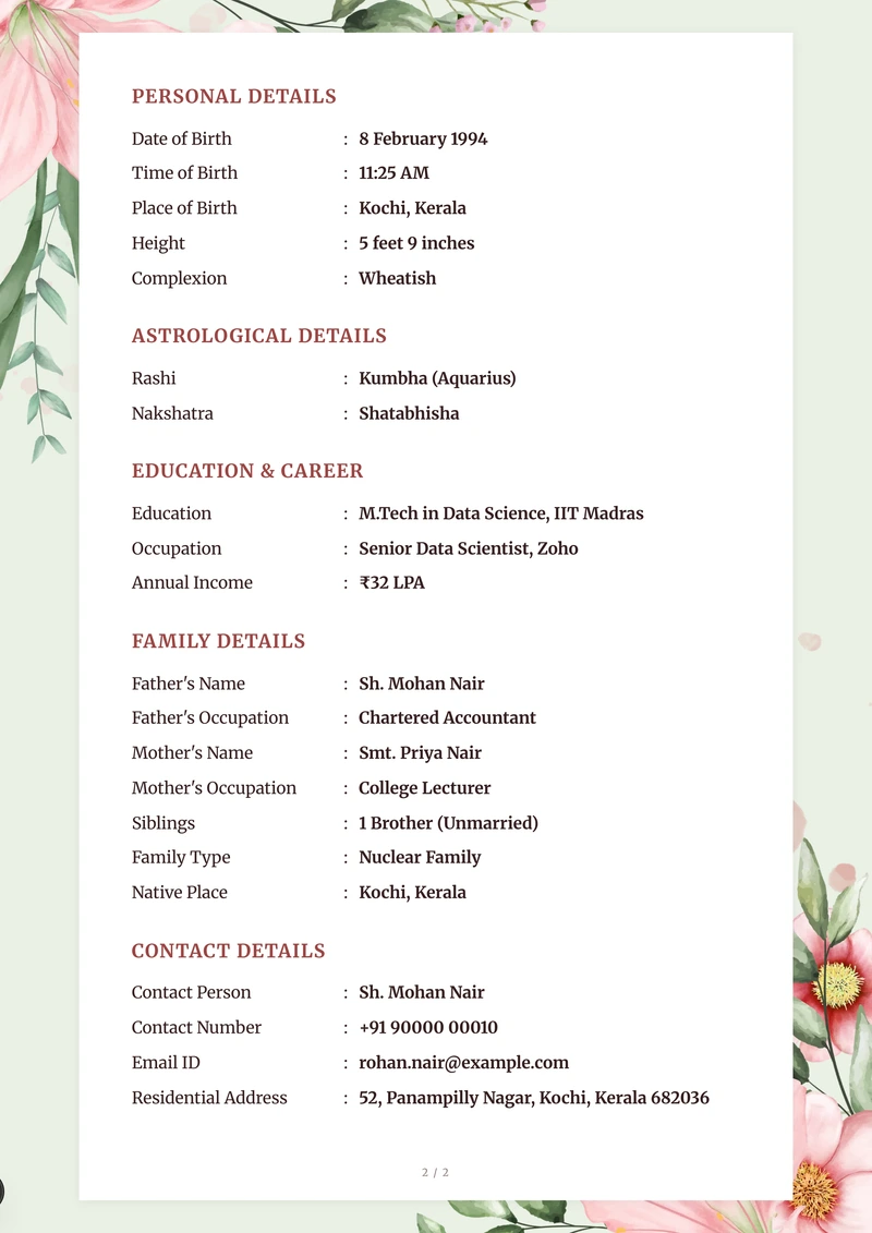 Inside the Apple Blossom marriage biodata template — a details page with personal, family and contact information