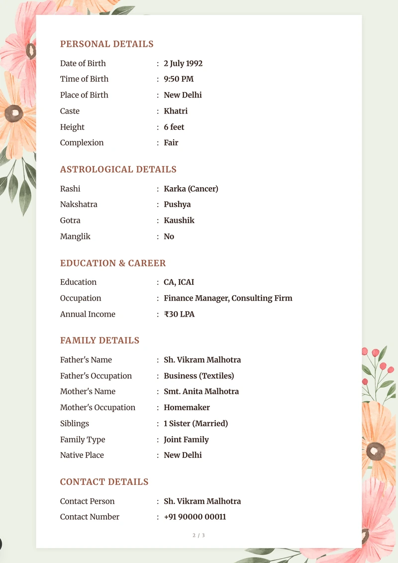 Inside the Apricot marriage biodata template — a details page with personal, family and contact information