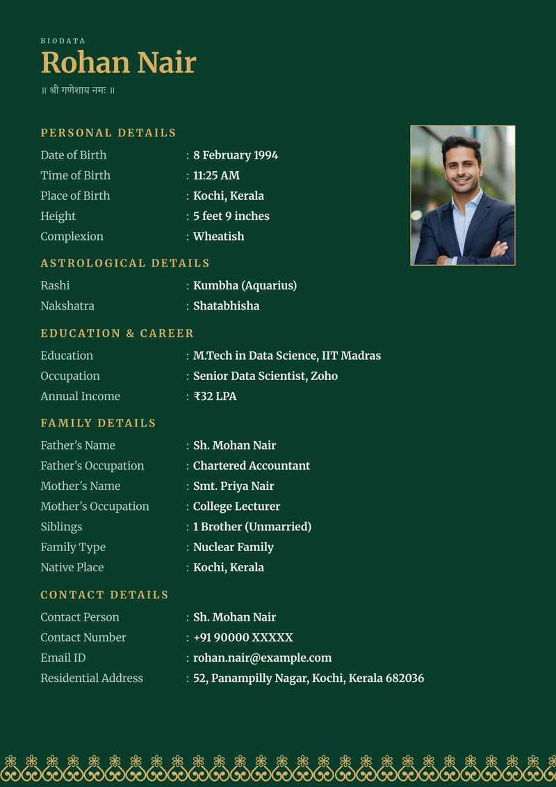Emerald marriage biodata template — the banded layout in emerald