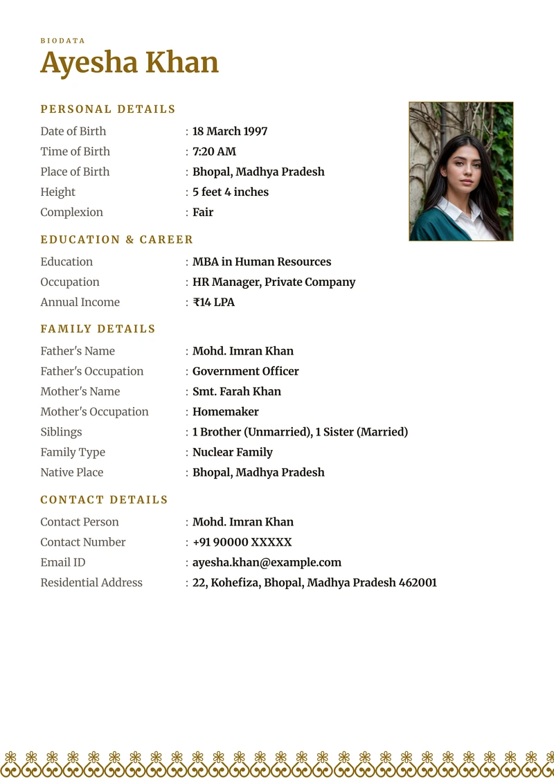 Gold marriage biodata template — the banded layout in gold