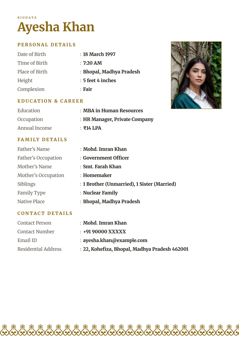 Banded Gold marriage biodata template — patterned colour bands across the top and bottom of an A4 sheet