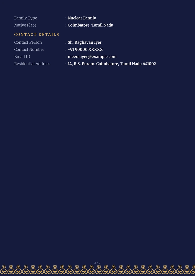 Inside the Ink marriage biodata template — a details page with personal, family and contact information
