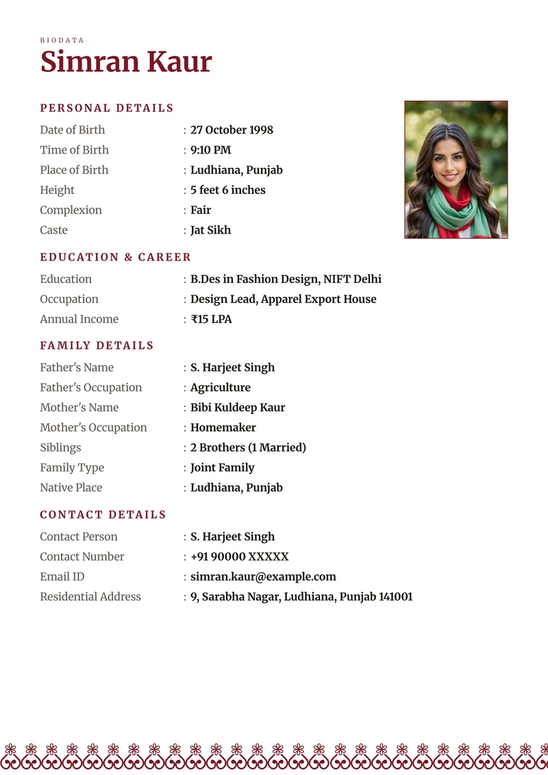 Maroon marriage biodata template — the banded layout in maroon