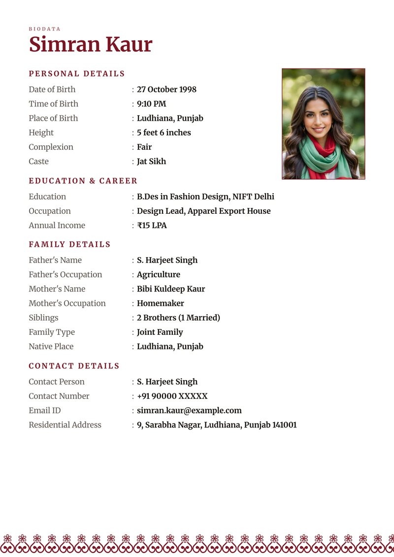 Banded Maroon marriage biodata template — patterned colour bands across the top and bottom of an A4 sheet
