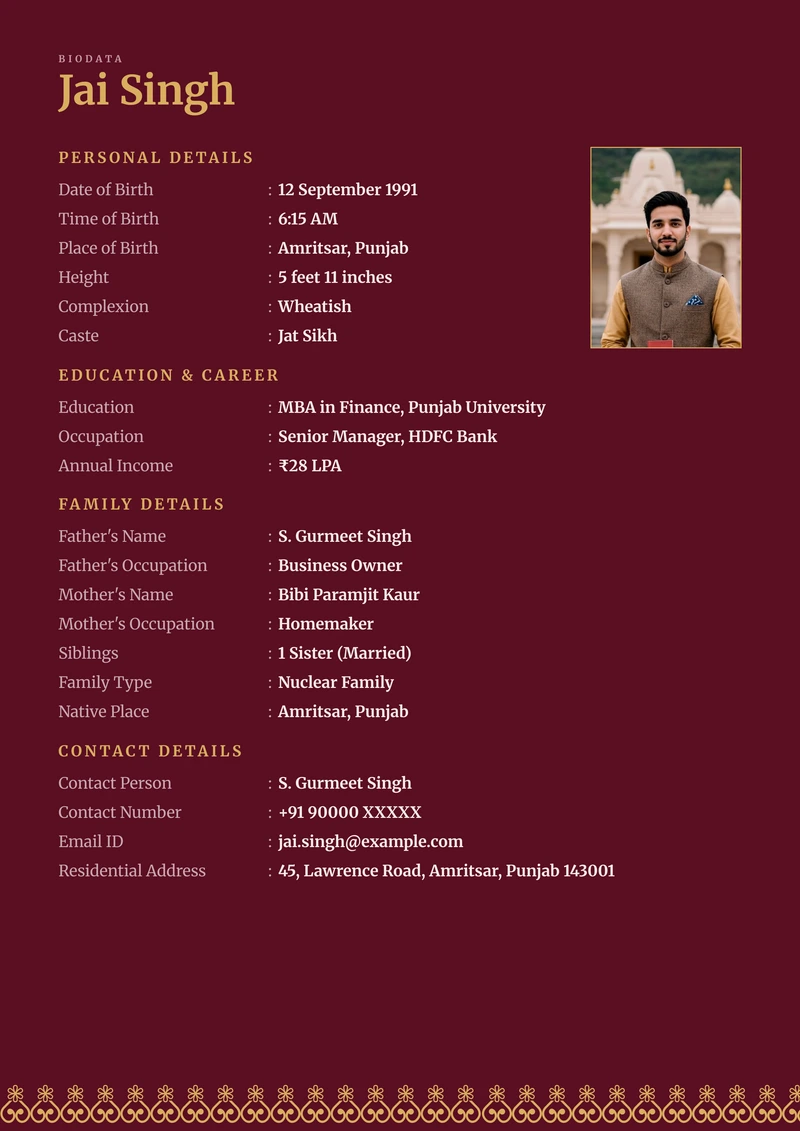 Wine marriage biodata template — the banded layout in wine