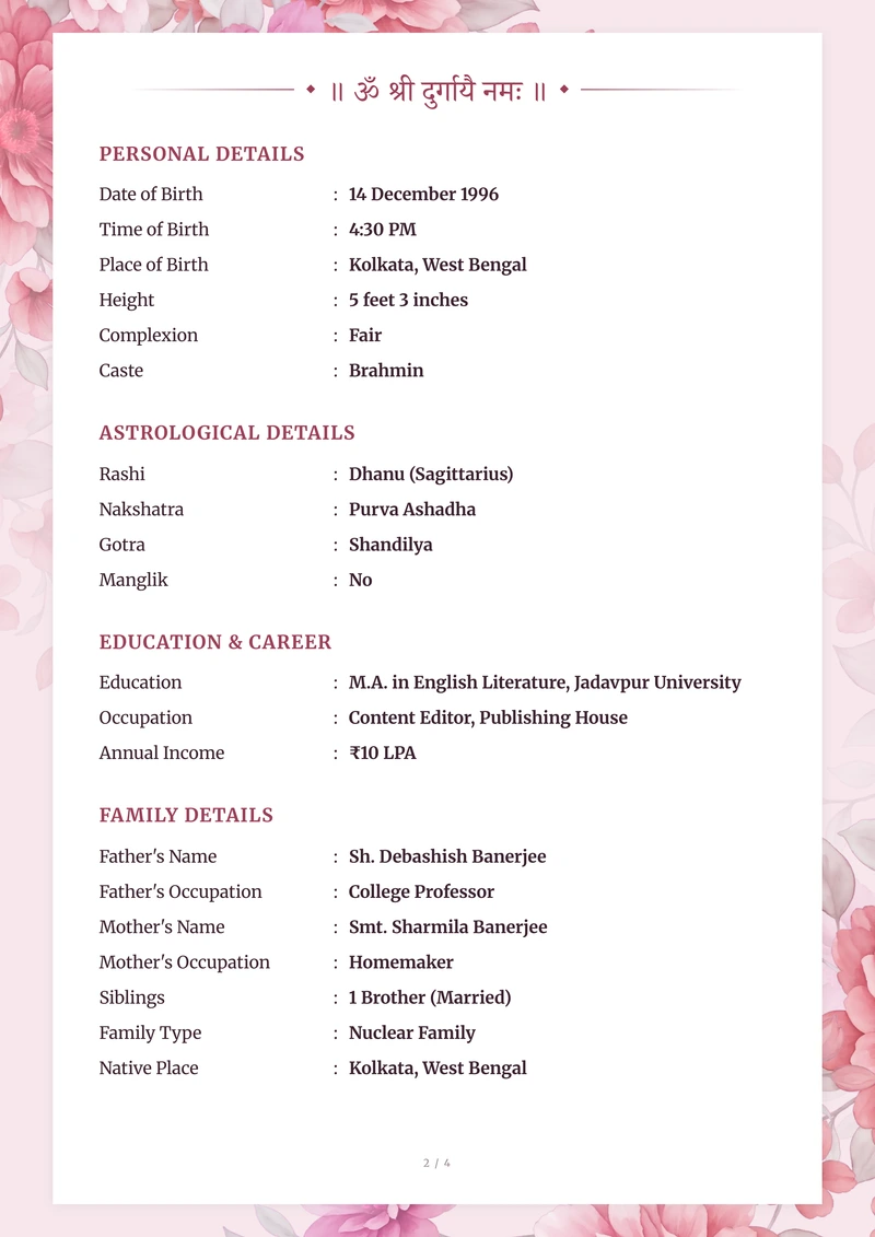 Inside the Blush Peony marriage biodata template — a details page with personal, family and contact information