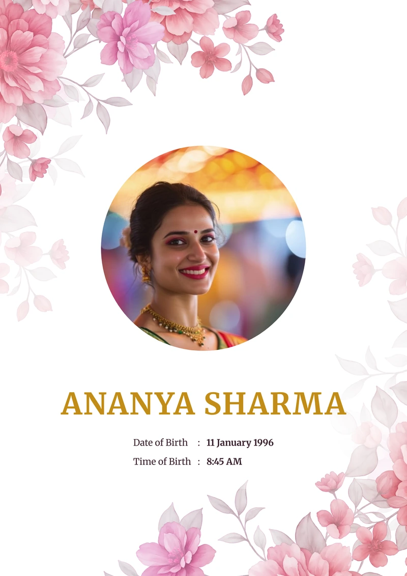 Blush Peony marriage biodata template — watercolour peonies on a white A4 cover, with a circular photo and the name in gold