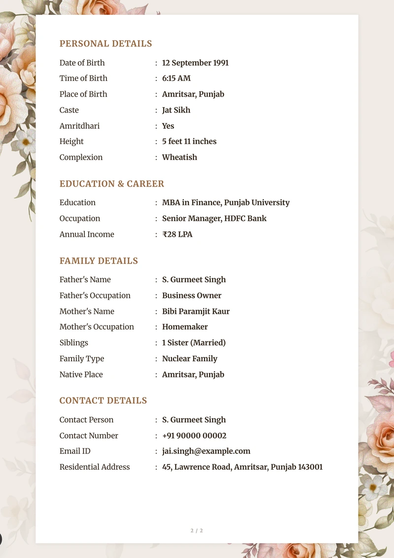 Inside the Champagne Rose marriage biodata template — a details page with personal, family and contact information