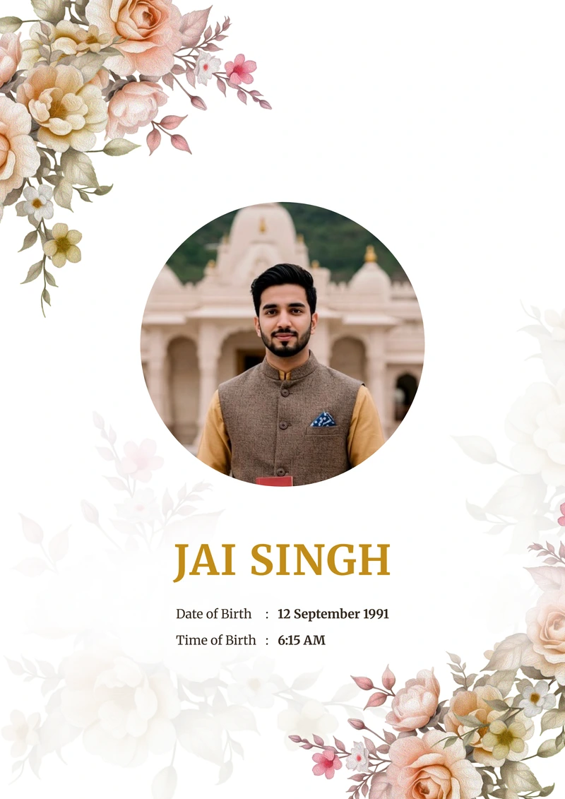 Champagne Rose marriage biodata template — watercolour roses on a white A4 cover, with a circular photo and the name in gold