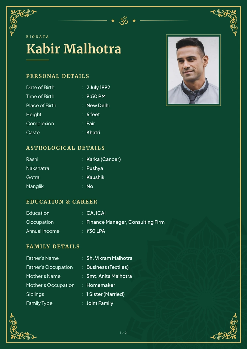 Classic Emerald marriage biodata template — a framed A4 sheet with a drawn ornament in each corner, a rectangular portrait and the details ruled beneath