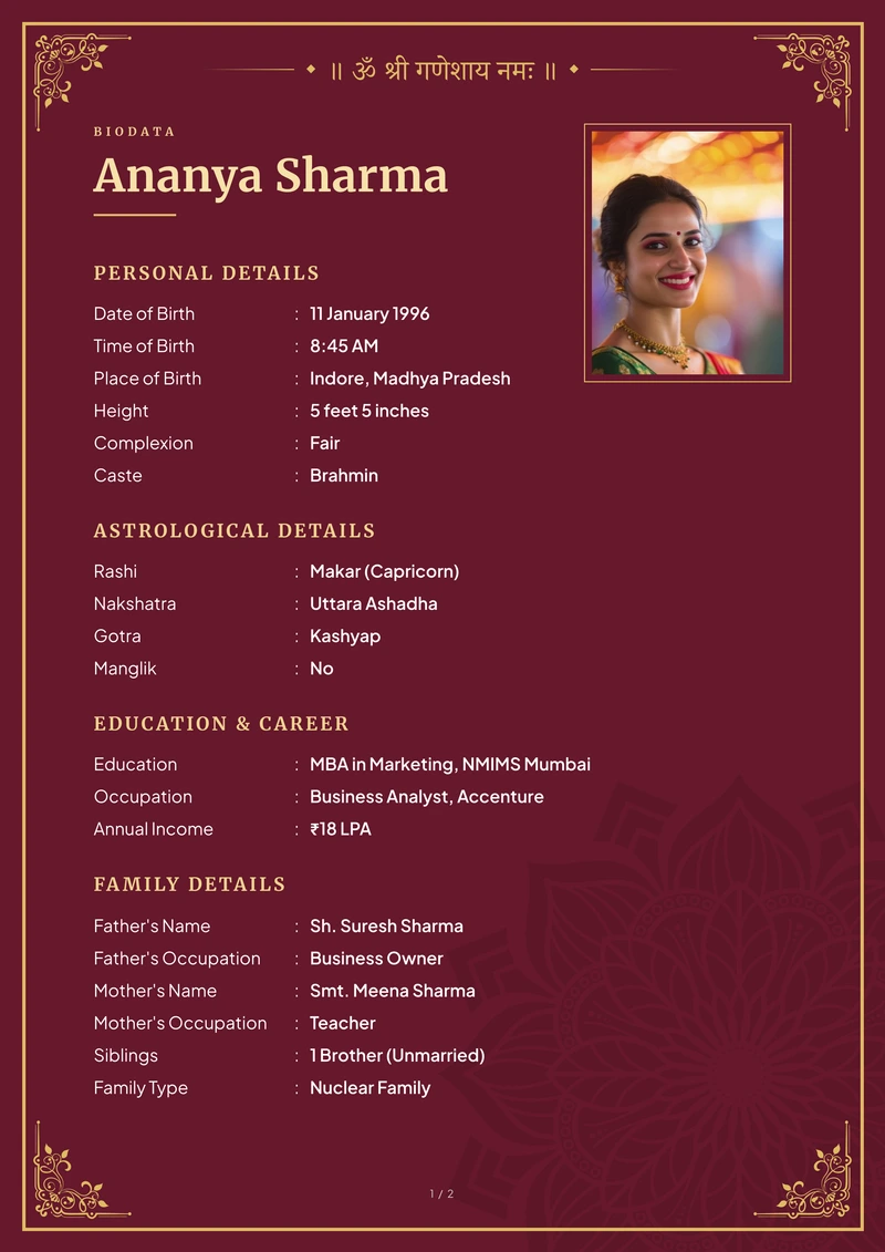 Maroon marriage biodata template — the classic layout in maroon