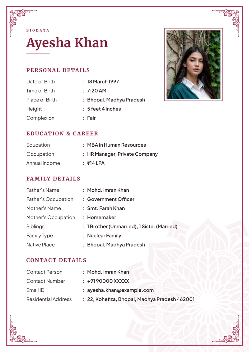 Rose marriage biodata template — the classic layout in rose