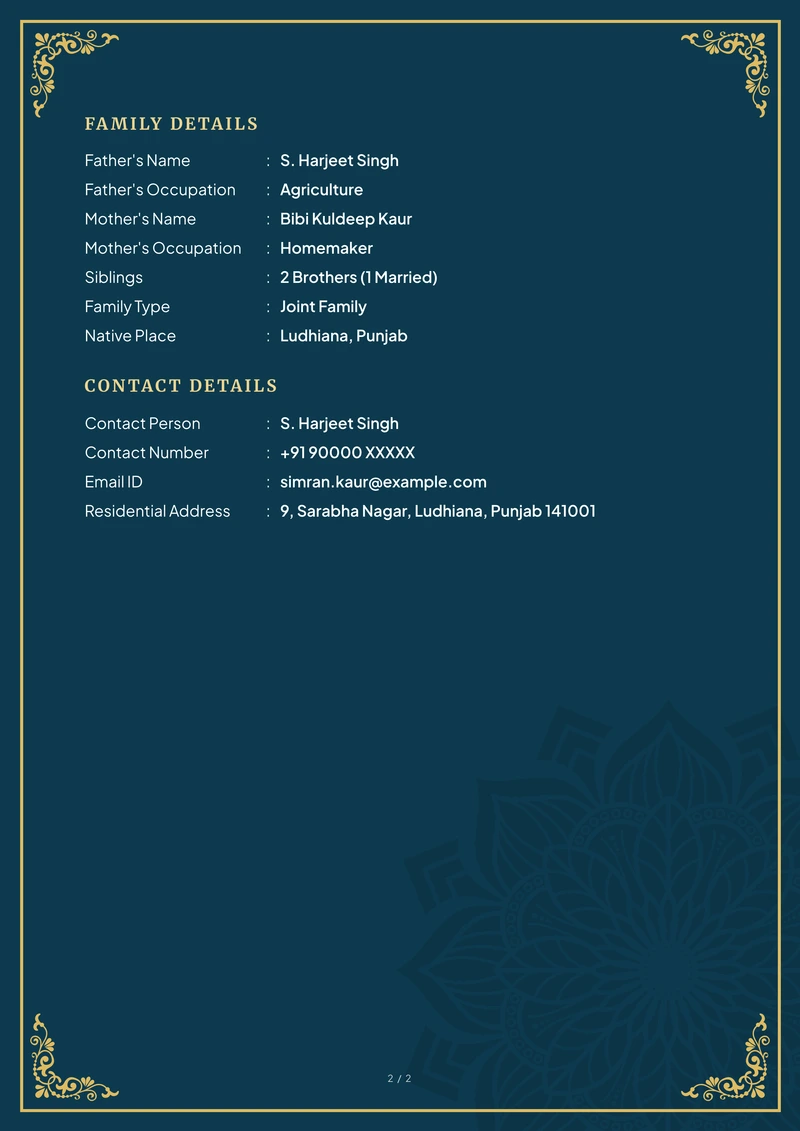 Inside the Royal marriage biodata template — a details page with personal, family and contact information
