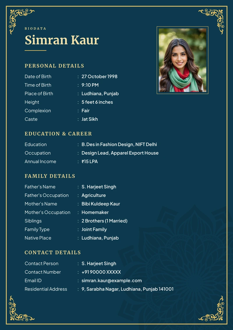 Classic Royal marriage biodata template — a framed A4 sheet with a drawn ornament in each corner, a rectangular portrait and the details ruled beneath