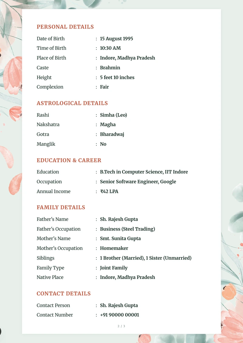 The second page of a marriage biodata, with the personal, family and contact rows