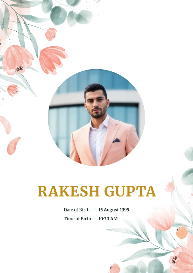 Coral Bloom marriage biodata template — watercolour tulips on a white A4 cover, with a circular photo and the name in gold