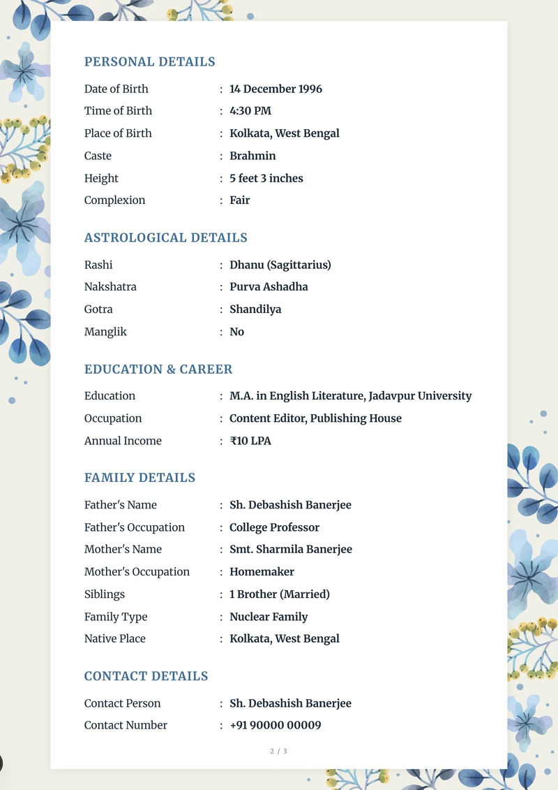 Inside the Cornflower marriage biodata template — a details page with personal, family and contact information