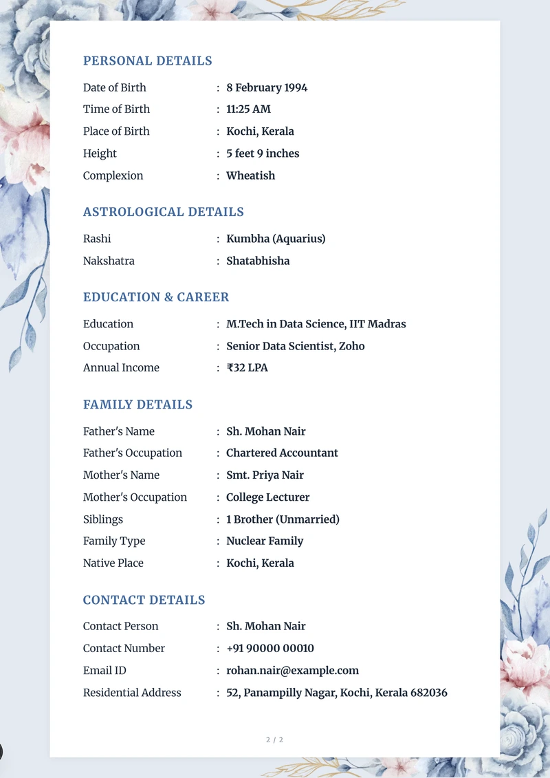 Inside the Indigo Rose marriage biodata template — a details page with personal, family and contact information