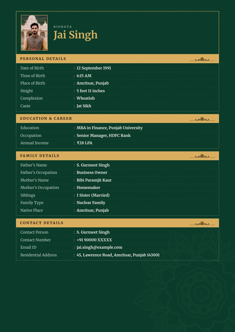 Emerald marriage biodata template — the ledger layout in emerald