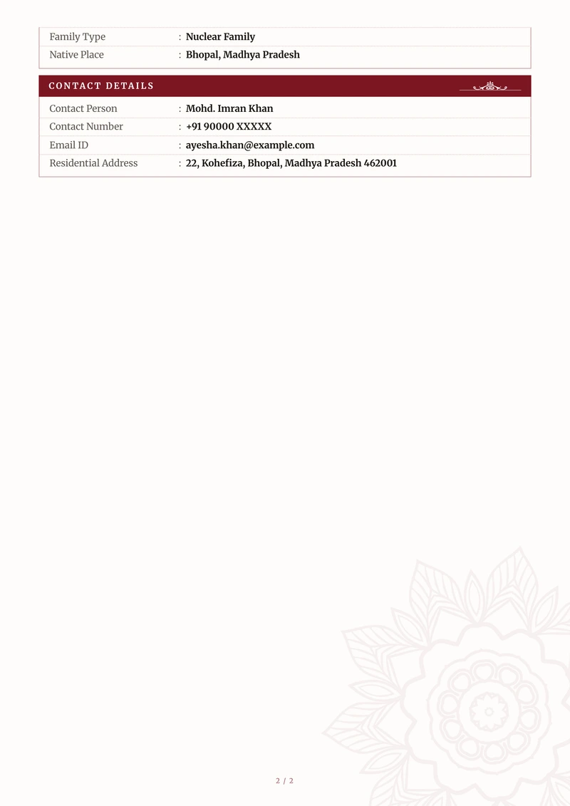 Inside the Maroon marriage biodata template — a details page with personal, family and contact information
