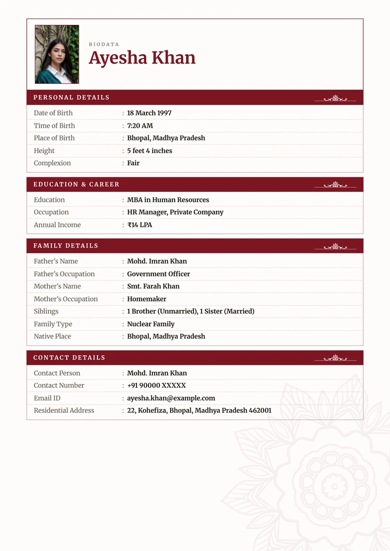 Ledger marriage biodata layout