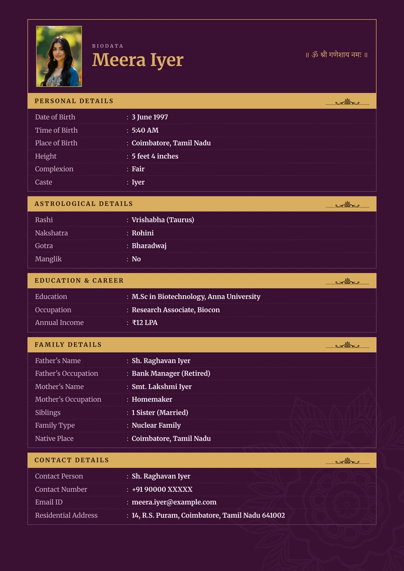 Plum marriage biodata template — the ledger layout in plum