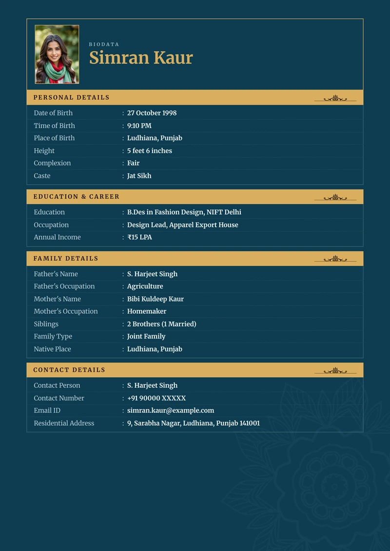 Royal marriage biodata template — the ledger layout in royal