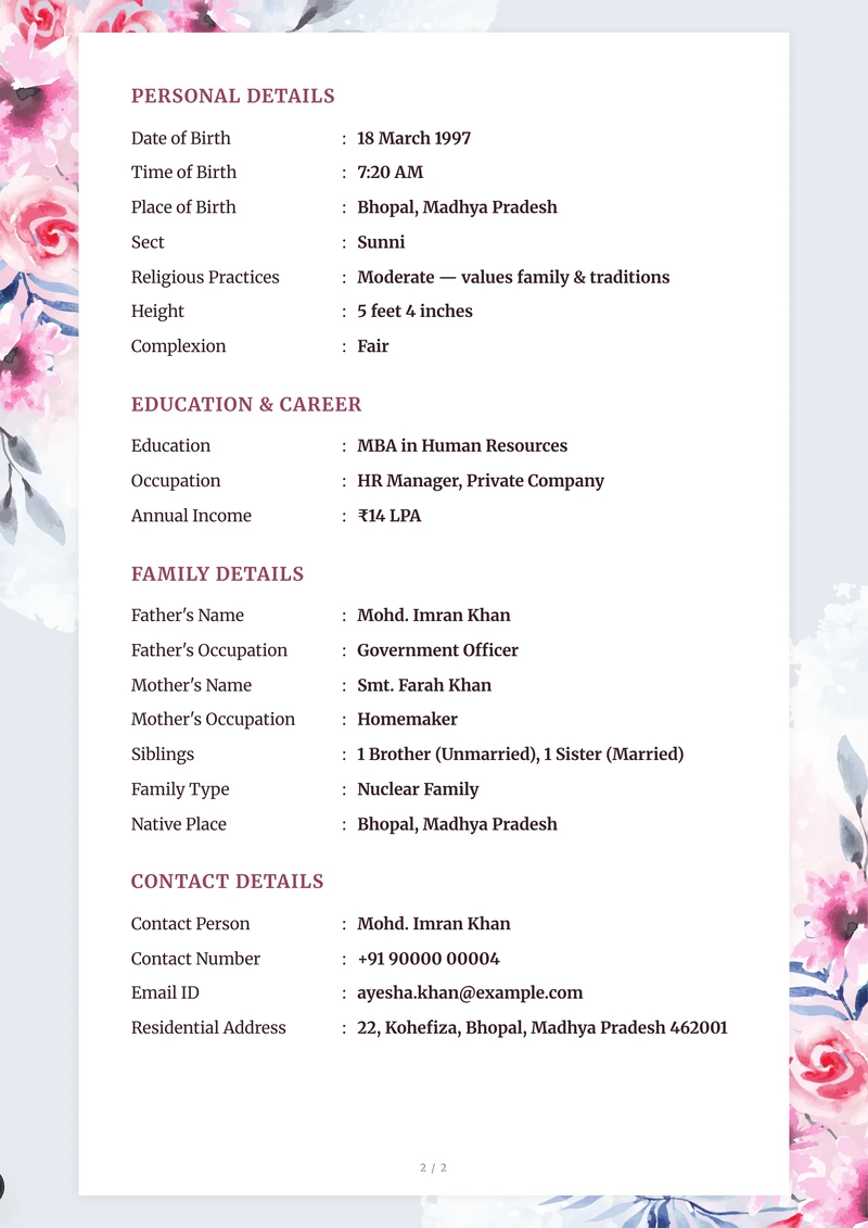 Inside the Lilac Mist marriage biodata template — a details page with personal, family and contact information