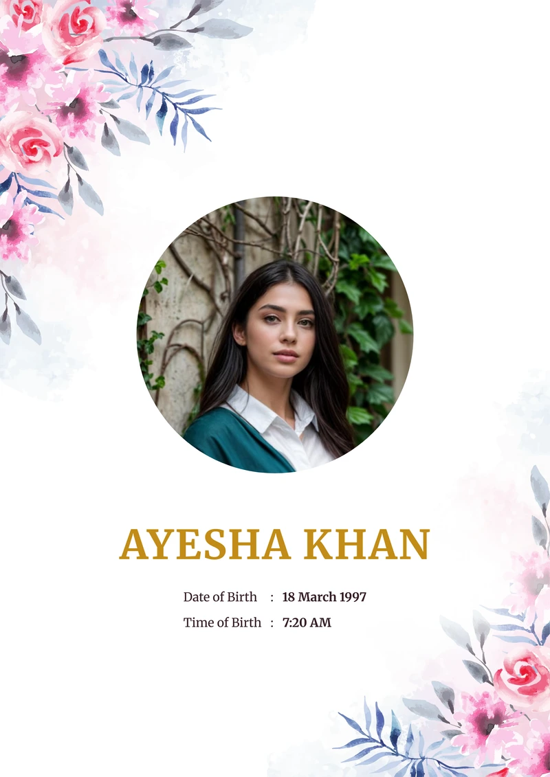 Lilac Mist marriage biodata template — watercolour blossom on a white A4 cover, with a circular photo and the name in gold