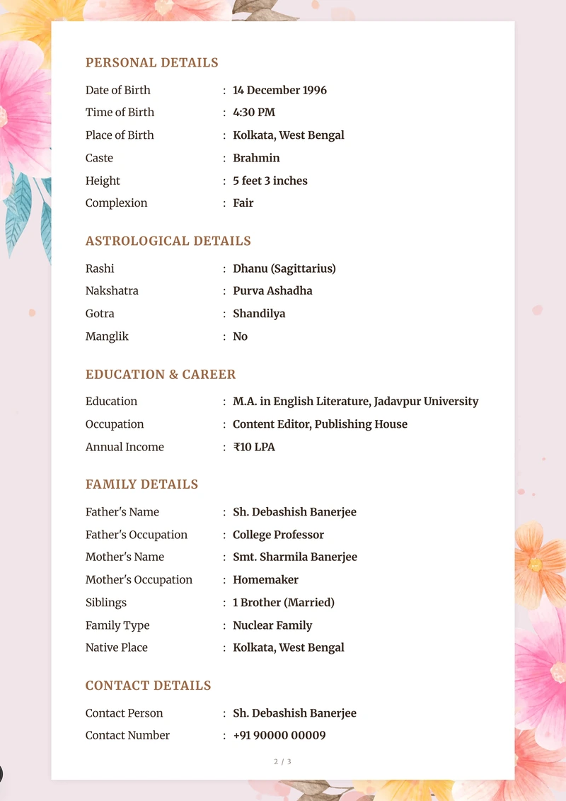 Inside the Marmalade marriage biodata template — a details page with personal, family and contact information