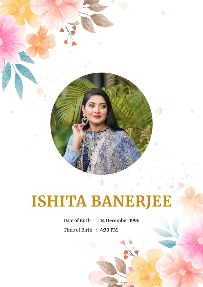 Marmalade marriage biodata template — watercolour warm on a white A4 cover, with a circular photo and the name in gold