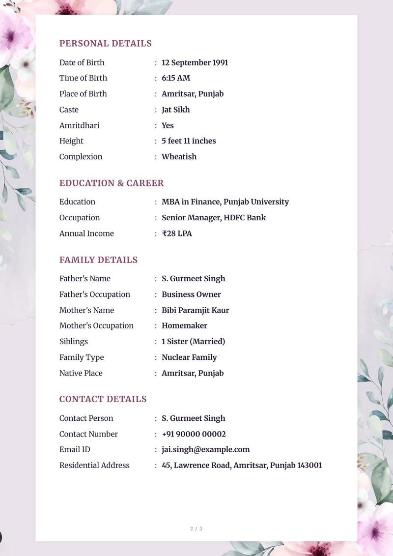 Inside the Mauve Garden marriage biodata template — a details page with personal, family and contact information