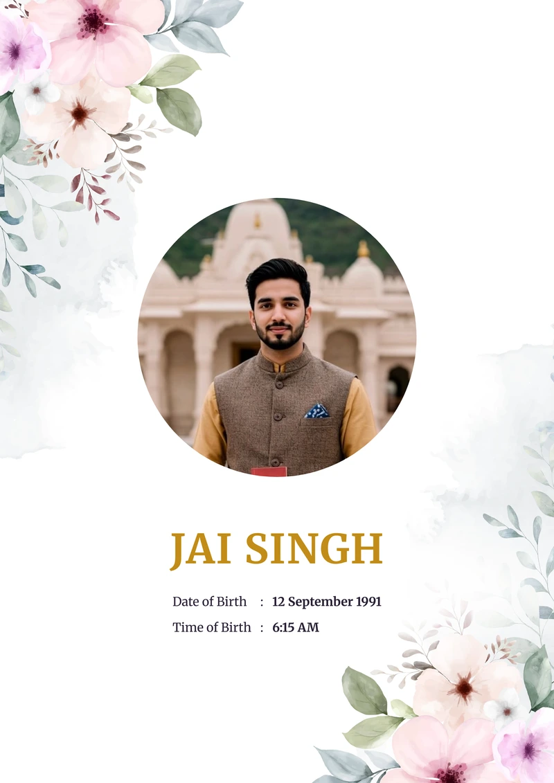 Mauve Garden marriage biodata template — watercolour roses on a white A4 cover, with a circular photo and the name in gold