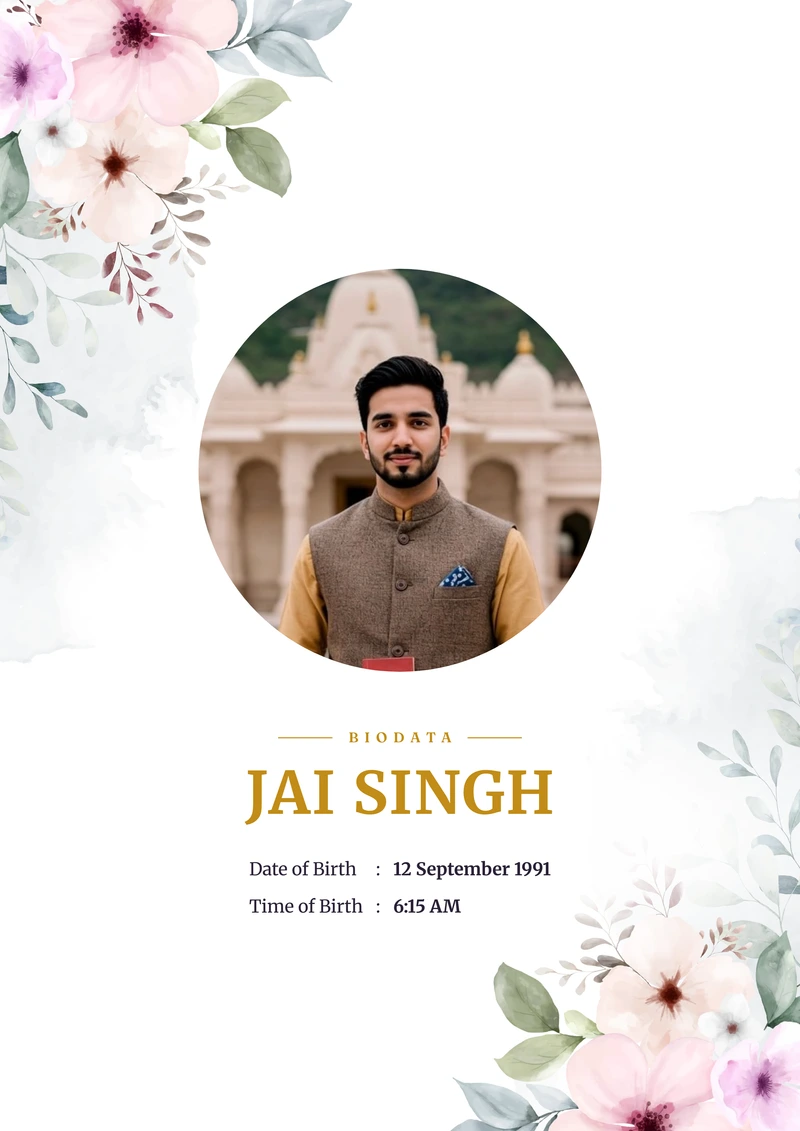 Mauve Garden marriage biodata template — the floral layout in mauve