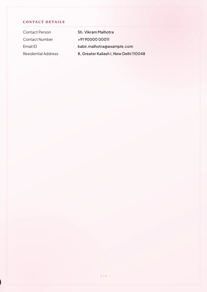 Inside the Blush marriage biodata template — a details page with personal, family and contact information