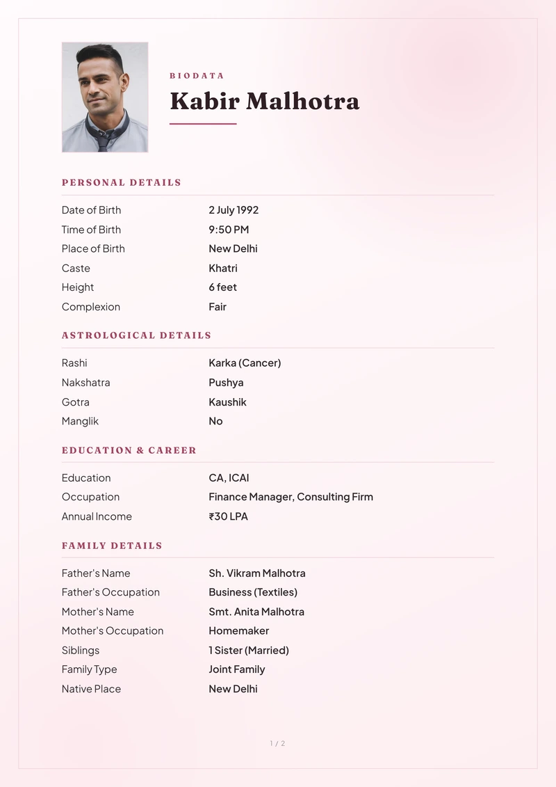 Blush marriage biodata template — watercolour plain on a white A4 cover, with a circular photo and the name in gold
